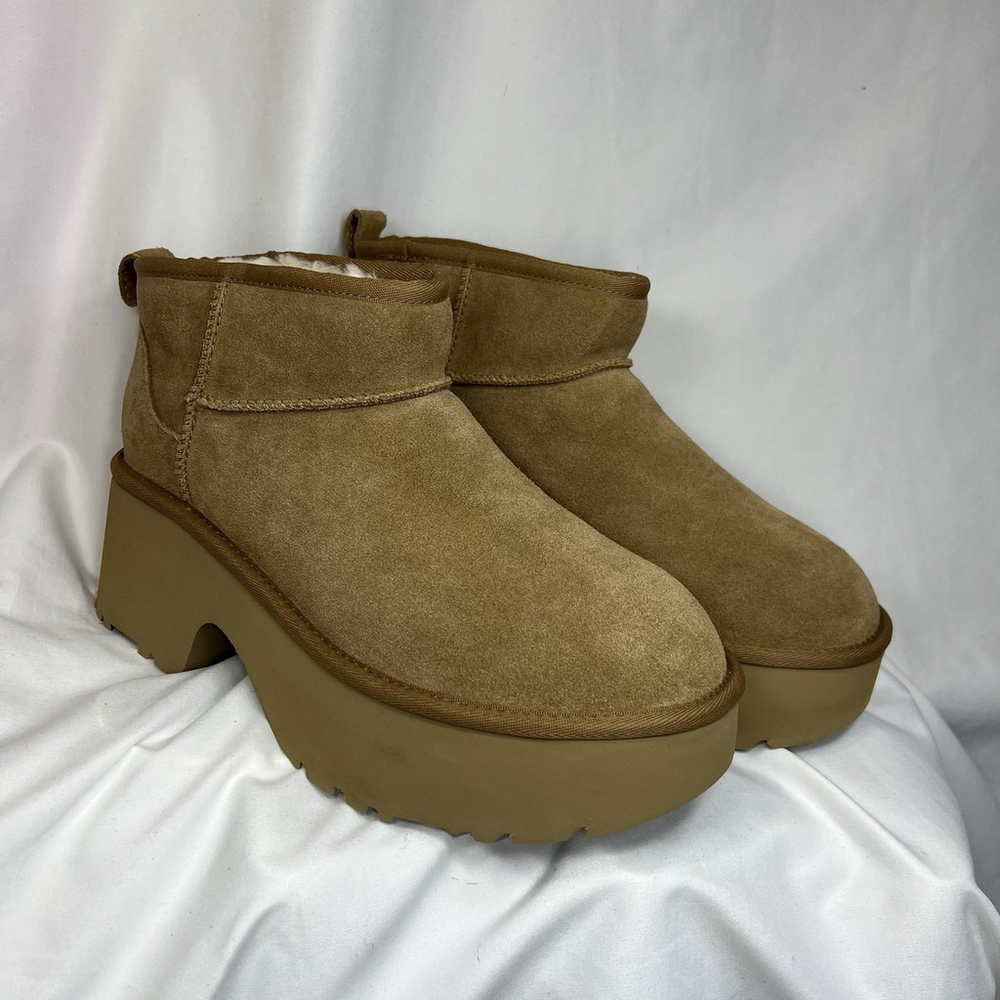 UGG Women's Classic Ultra Mini New Heights Boots Chestnut Platform Winter 10